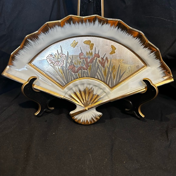 Art of Chokin Antique Japanese Porcelain Fan Plate. Gold plated  Floral design. - Picture 2 of 3